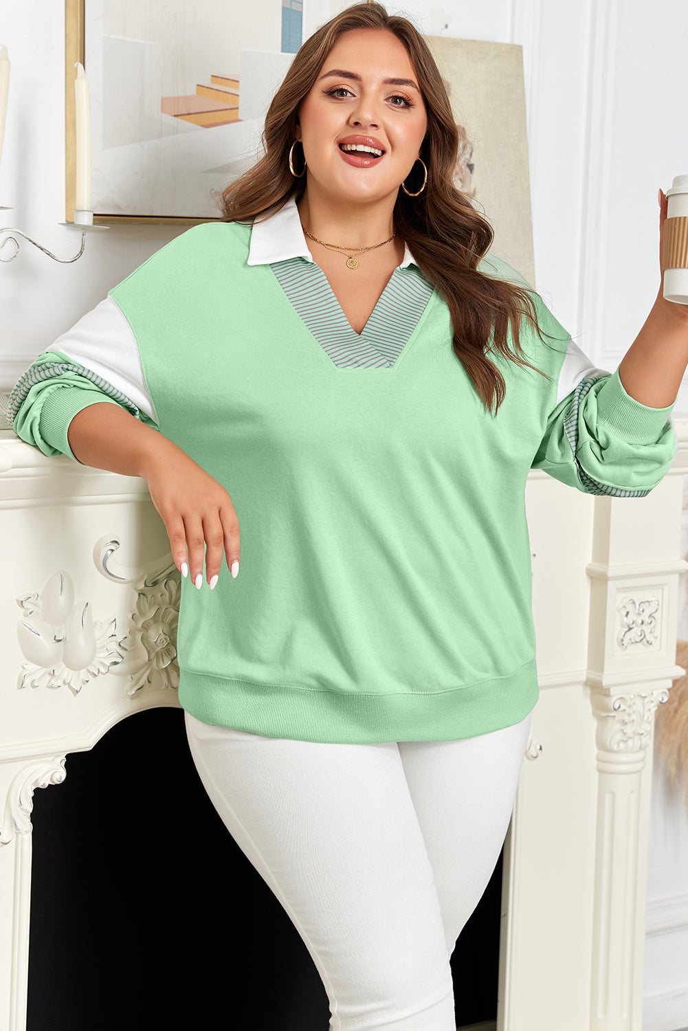Moonlight Jade Color Block Striped Patchwork Collar V Neck Plus Size Sweatshirt - Threaded Pear