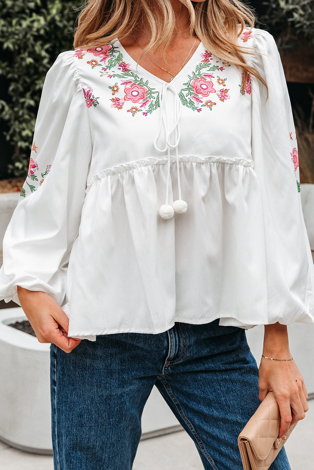 Skylar Flower Lace-up Babydoll Blouse - Threaded Pear