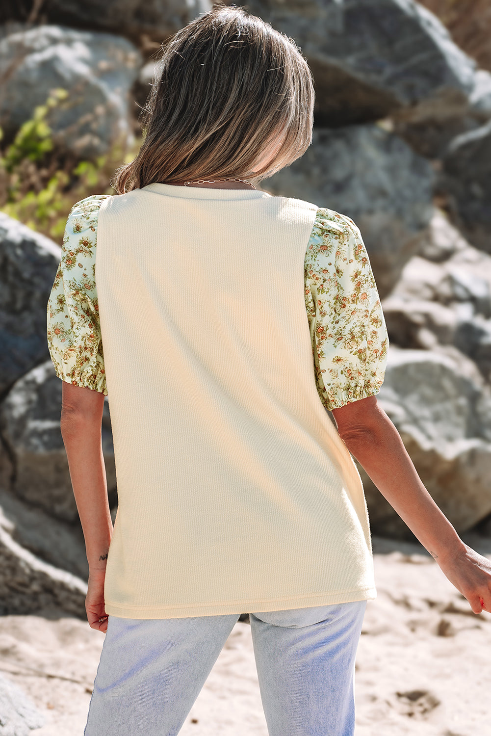 Rayne Floral Bubble Sleeve Patchwork Ribbed Top - Threaded Pear