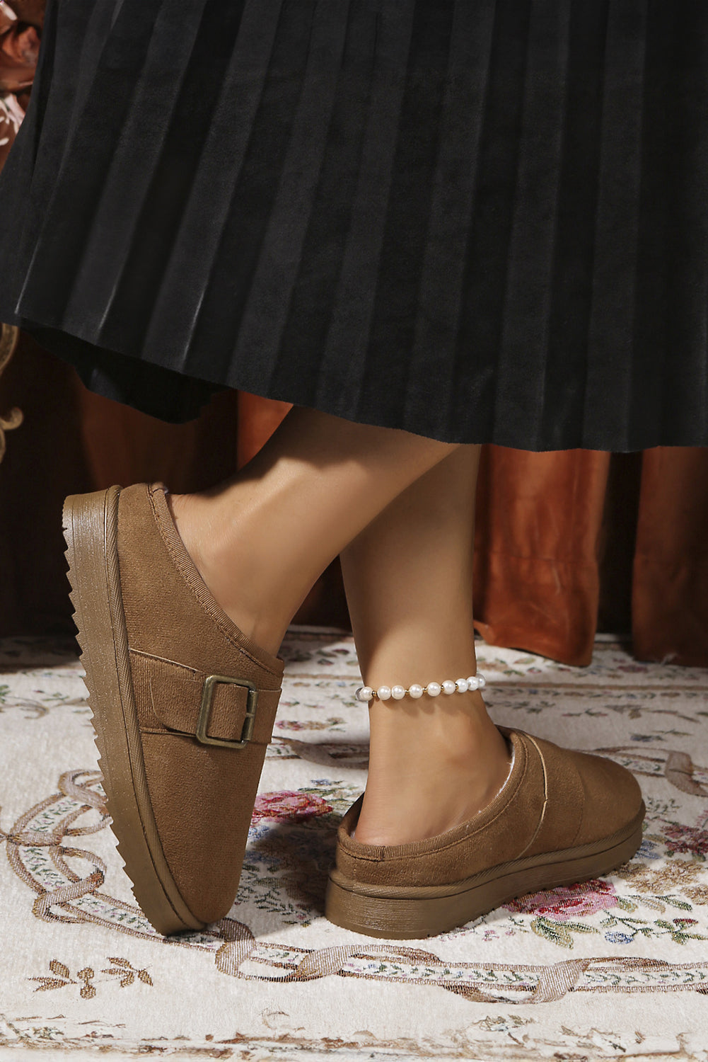 Jasmine Faux Suede Buckle Strap Detail Winter Slippers - Threaded Pear