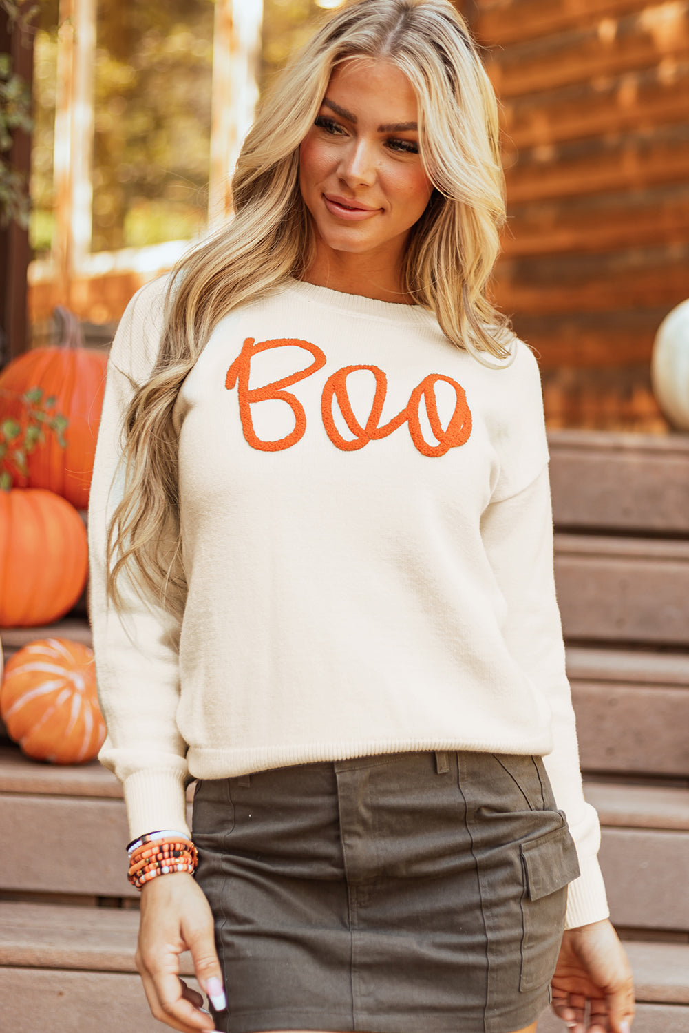 Boo Knitted Pattern Ribbed Edge Sweater - Threaded Pear