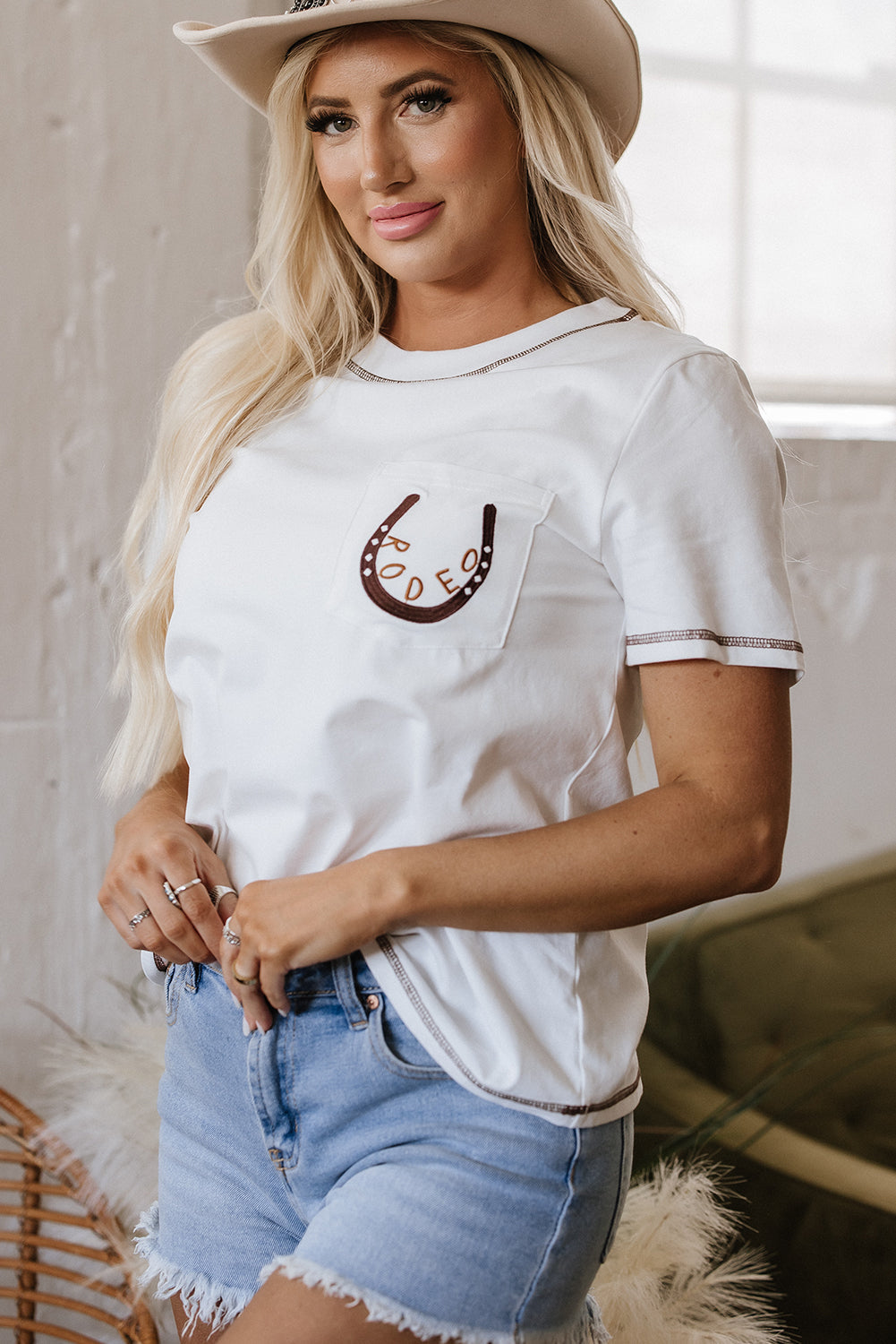 Horseshoe Embroidered Patch Pocket Tee - Threaded Pear