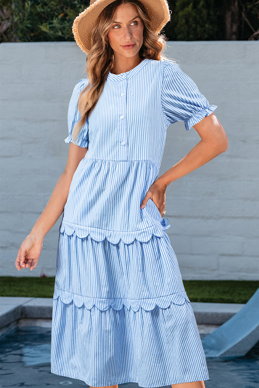 Noah Stripe Tiered Scallop Long Dress - Threaded Pear