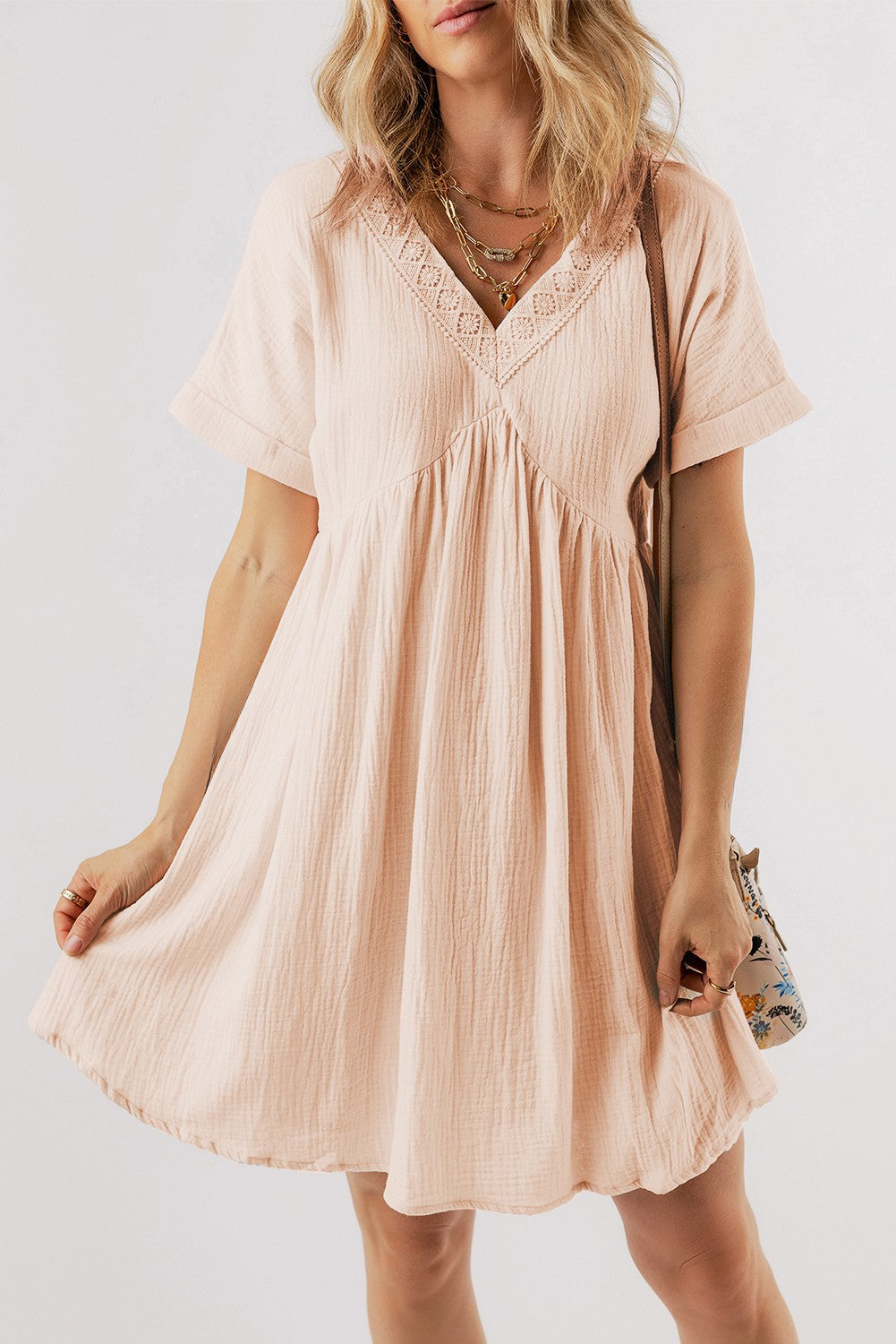 Bria Folded Short Sleeve Lace V Neck Mini Dress - Threaded Pear