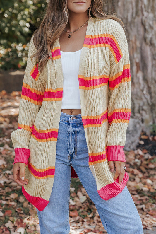Josephine Stripe Long Knitted Cardigan - Threaded Pear