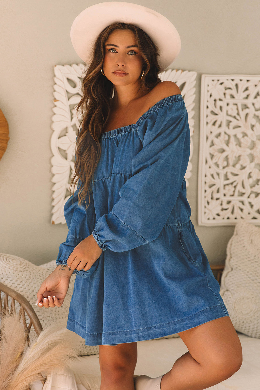 Adalyn Square Neck Side Pockets Loose Fit Denim Dress - Threaded Pear