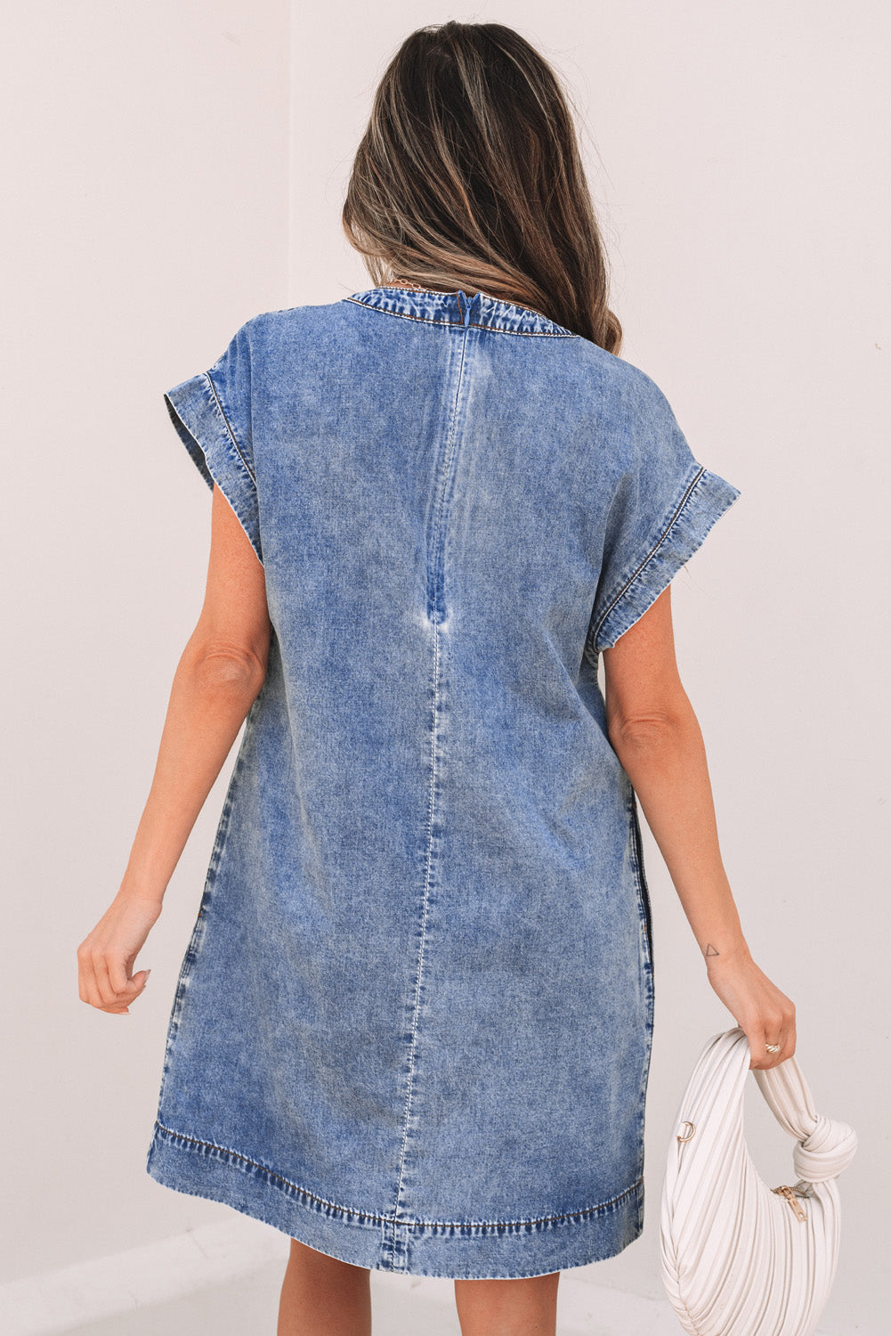 Jacqueline Tie V Neck Denim Shift Dress - Threaded Pear