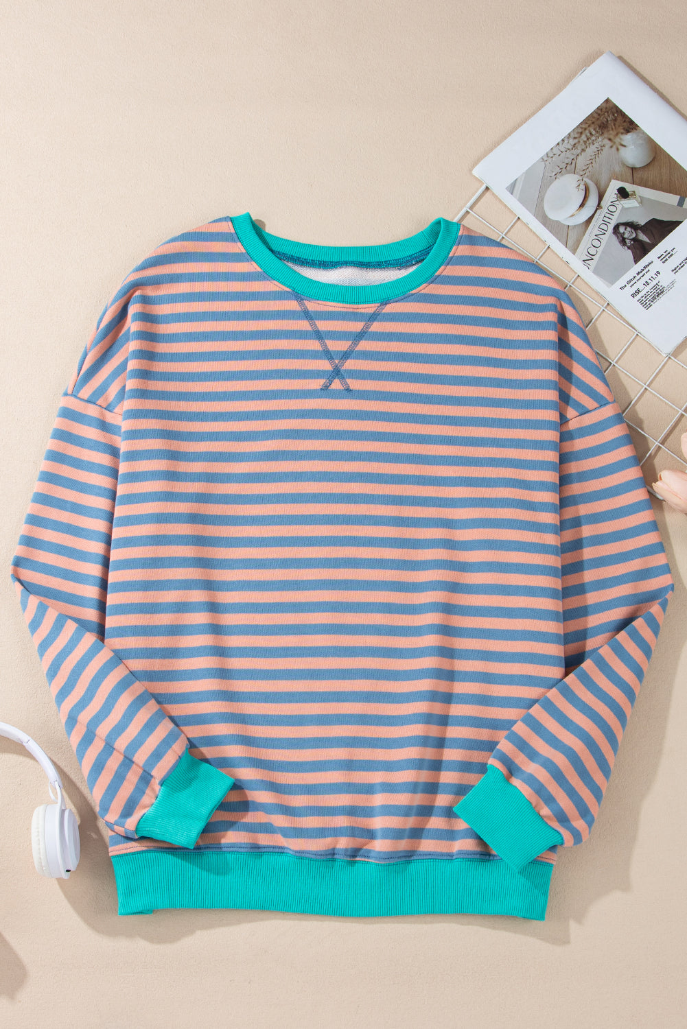 Elliana Stripe Crossed Stitch Drop Shoulder Sweatshirt - Threaded Pear