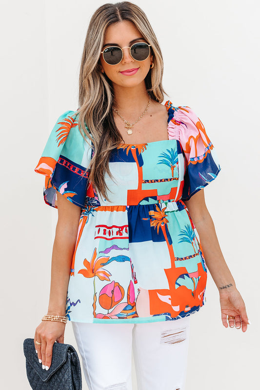 Payton Tropical Flutter Sleeve Babydoll Blouse - Threaded Pear