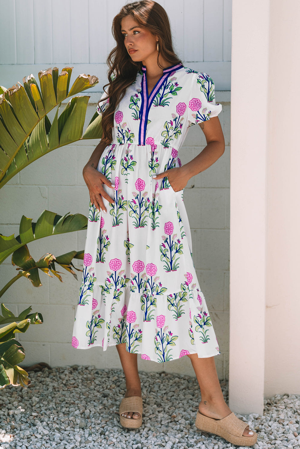 Julietta Floral Puff Short Sleeve V Neck High Waist Maxi Dress - Threaded Pear