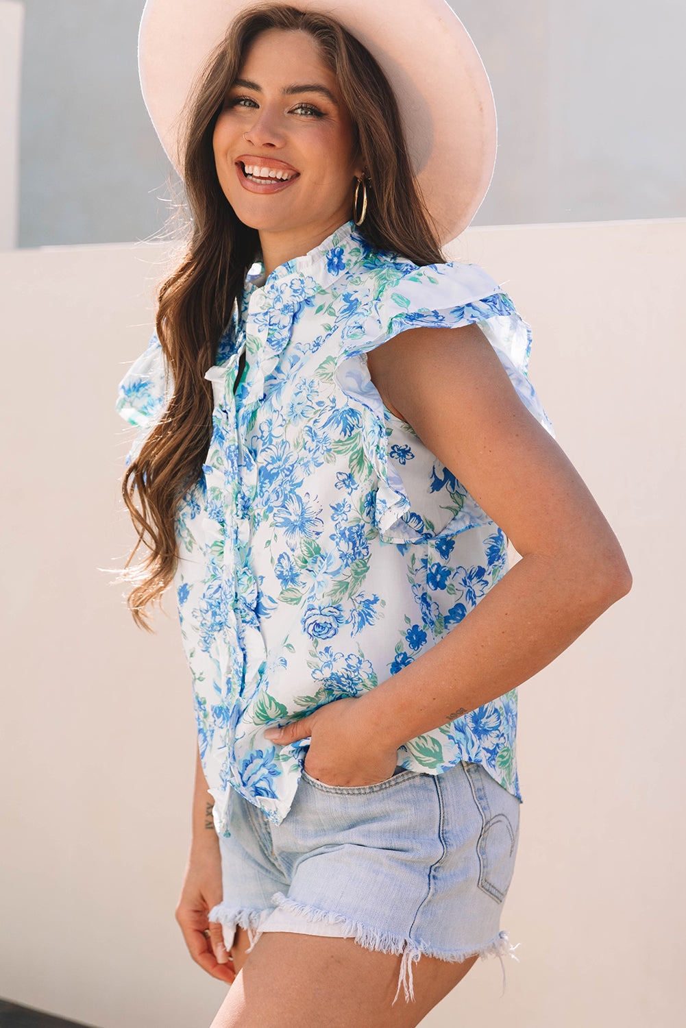 Tiana Floral Ruffle Sleeve Button Up - Threaded Pear