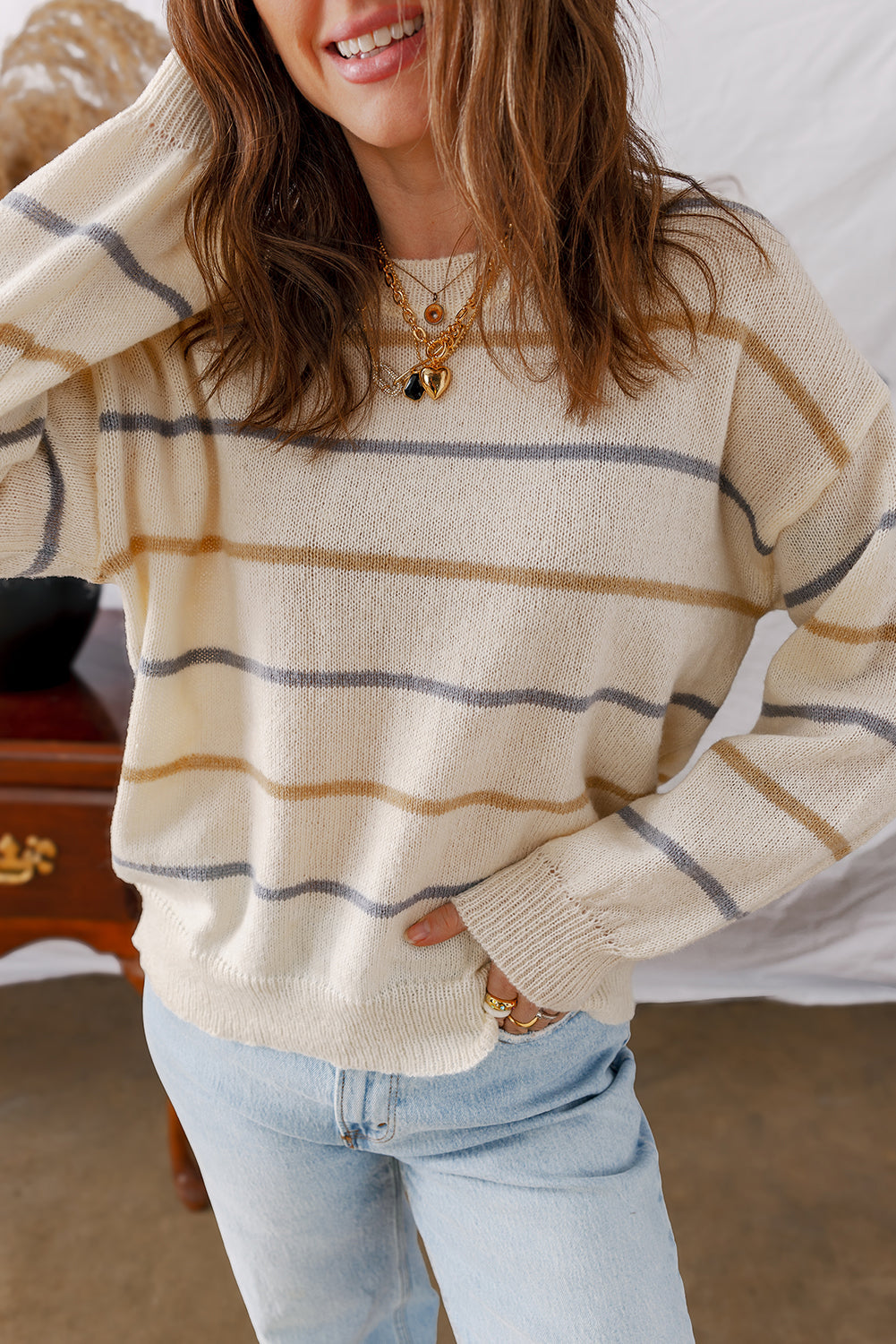 Eden Striped Ribbed Edge Drop Shoulder Sweater - Threaded Pear