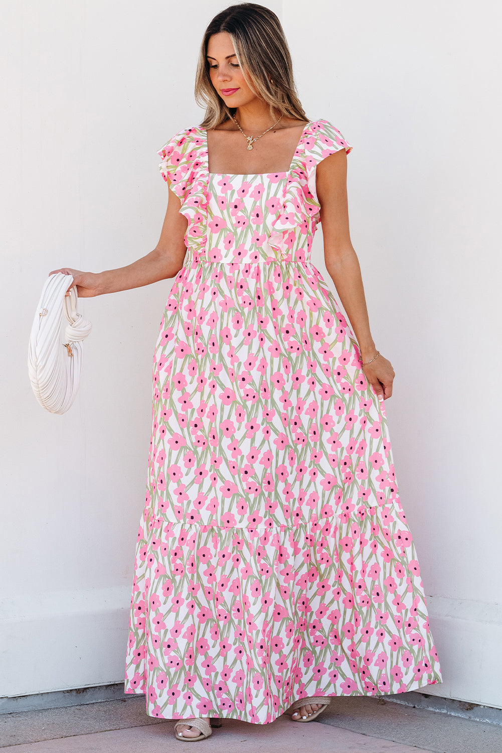 Angelica Floral Ruffled Strap Maxi Dress - Threaded Pear