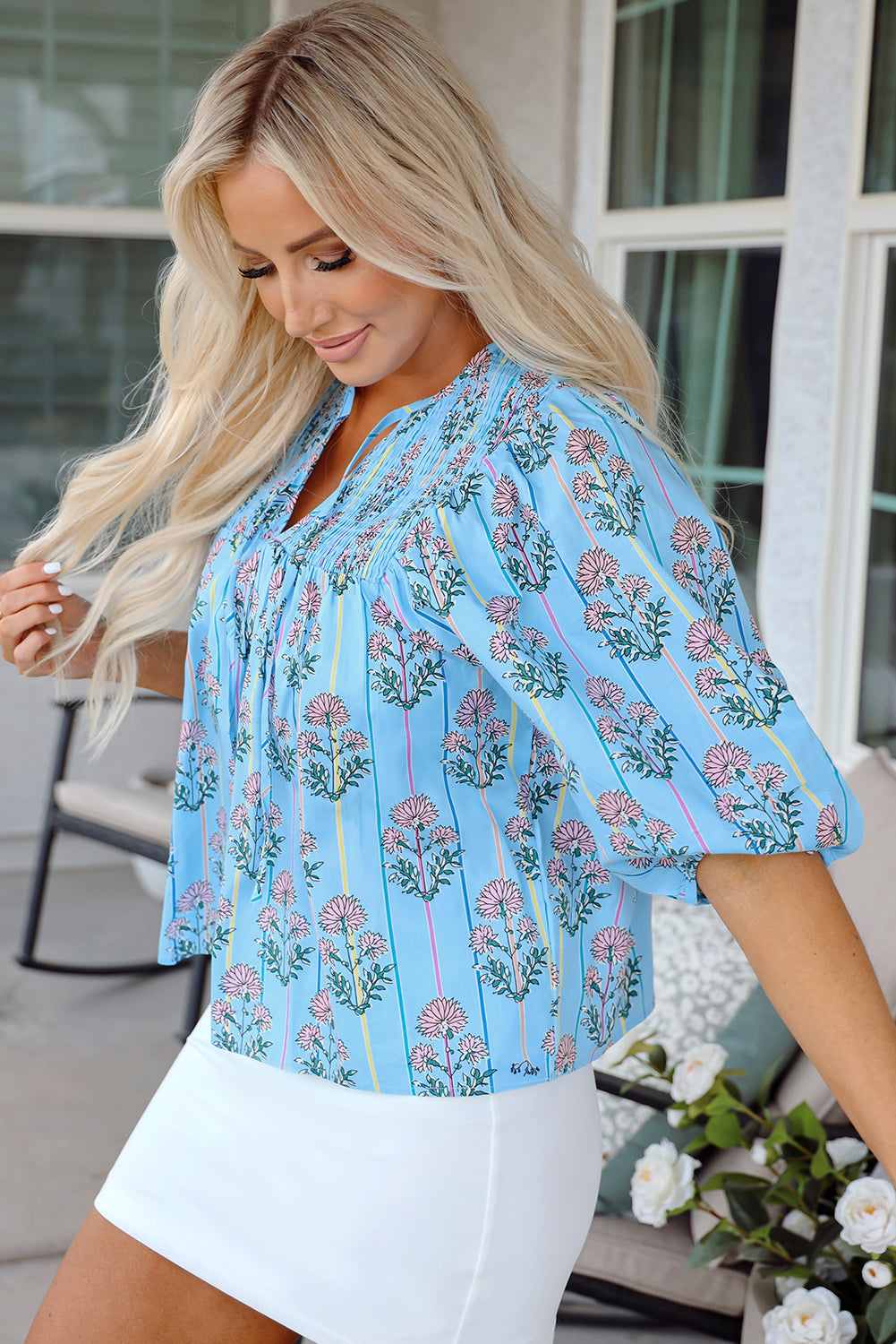 Kinley Floral Shirred Yoke Split Neck Blouse - Threaded Pear