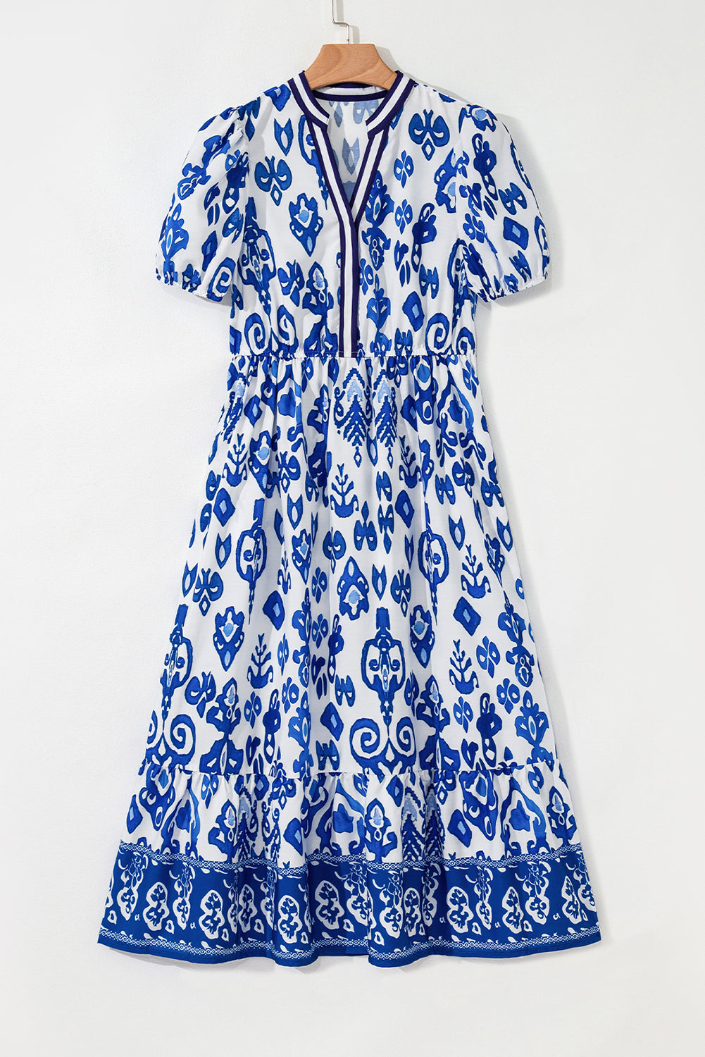 Julietta Floral Puff Short Sleeve V Neck High Waist Maxi Dress - Threaded Pear