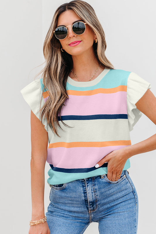 Yasmin Striped Flutter Sleeve Patchwork Top - Threaded Pear