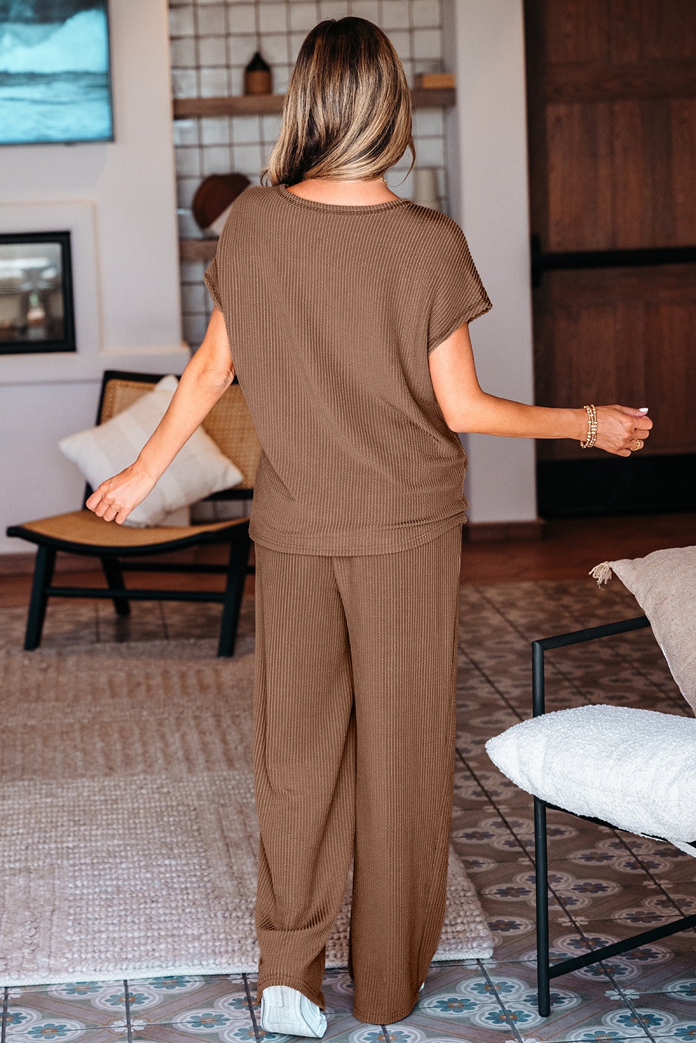 Megan Corded Short Sleeve Top and Casual Pants Set - Threaded Pear