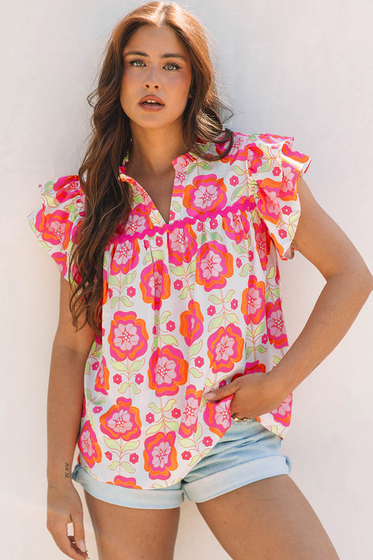 Mikaela Ric-rac Trim Split Neck Loose Blouse - Threaded Pear