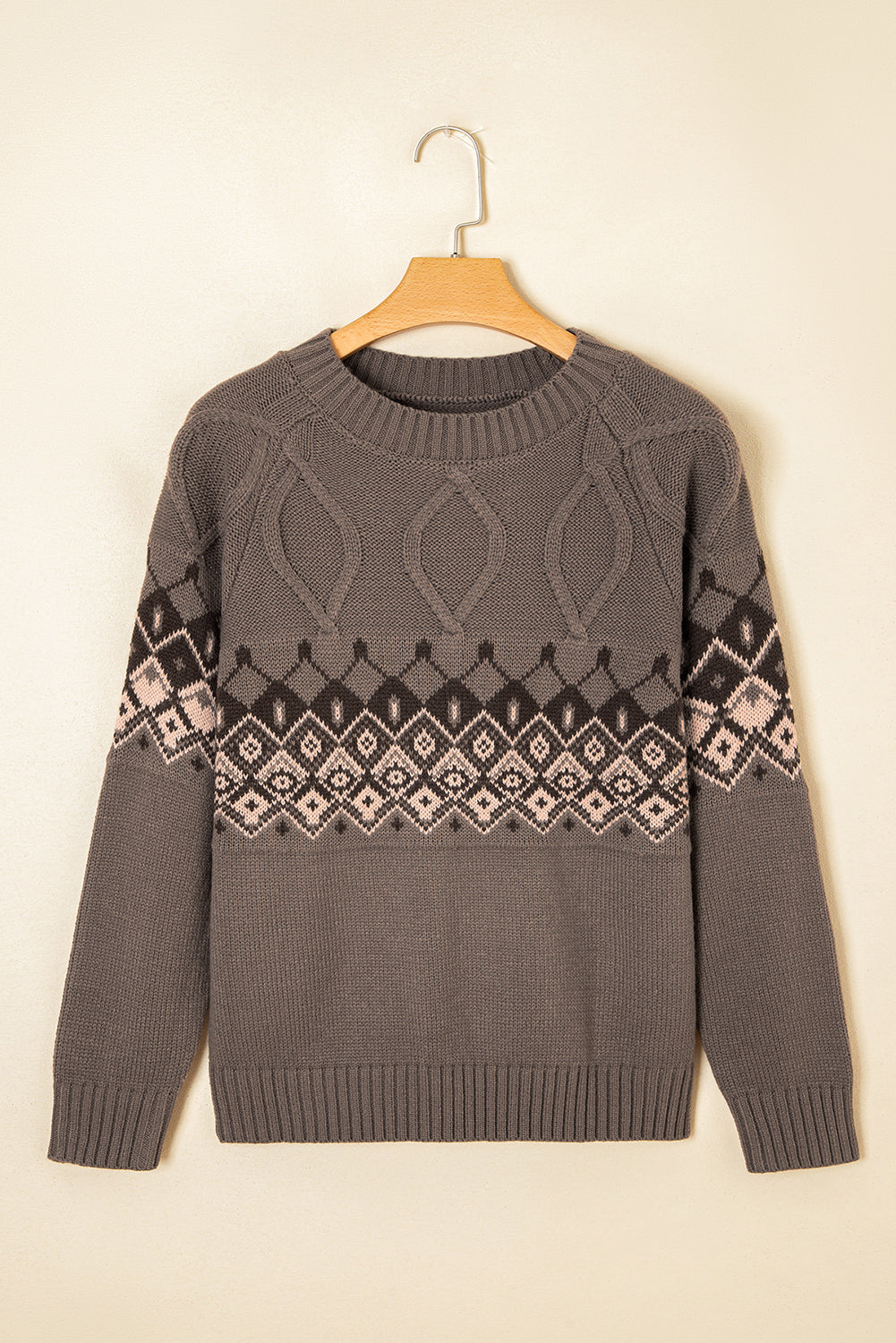 Alana Western Geometric Patterned Crew Neck Knitted Sweater - Threaded Pear