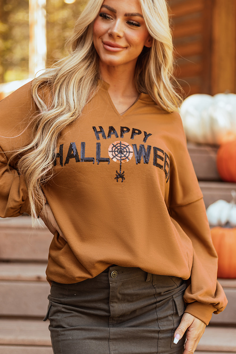 Sequin Happy Halloween Long Sleeve Top - Threaded Pear