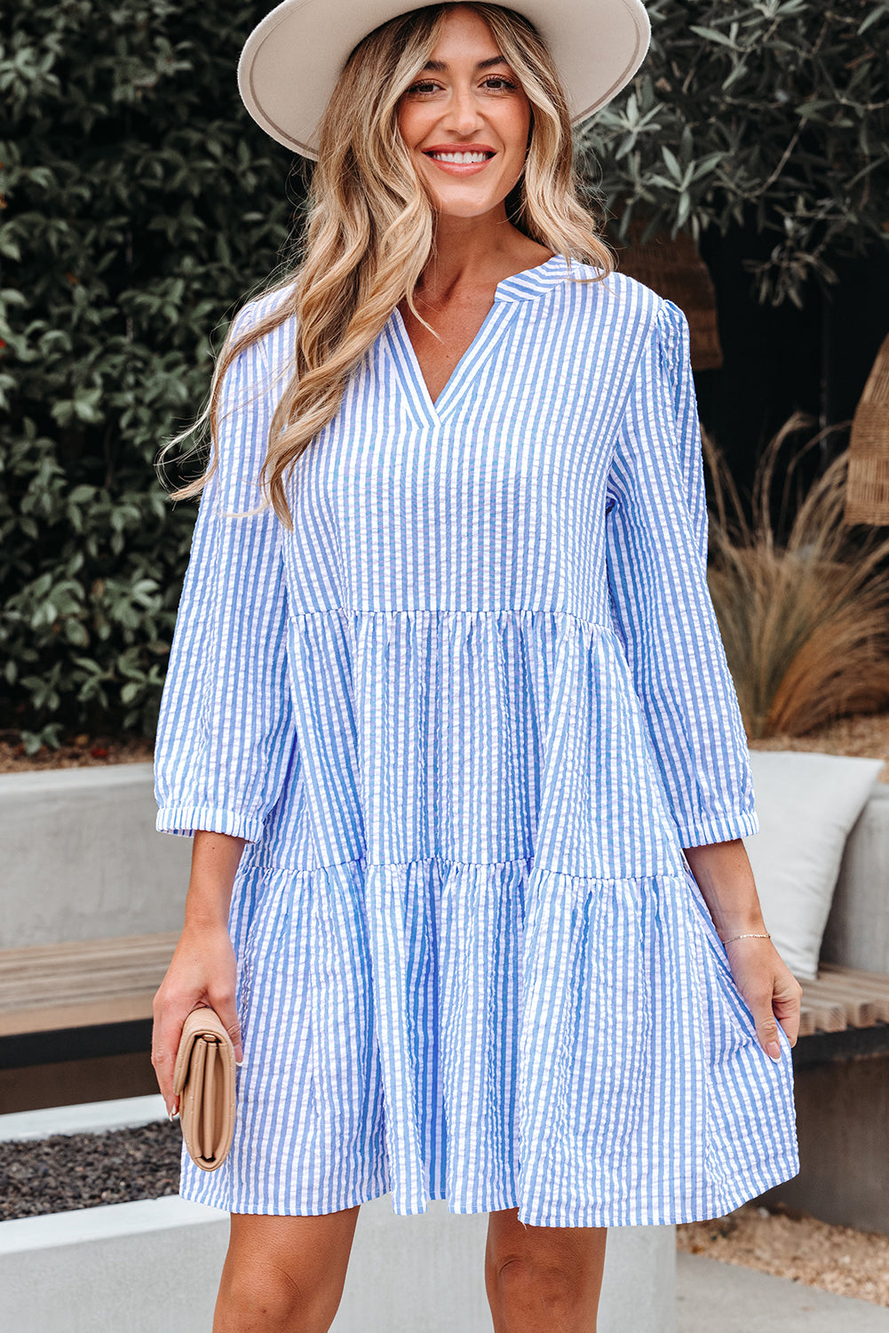 Kaia Stripe Bracelet Sleeve Tiered Dress with Pockets - Threaded Pear
