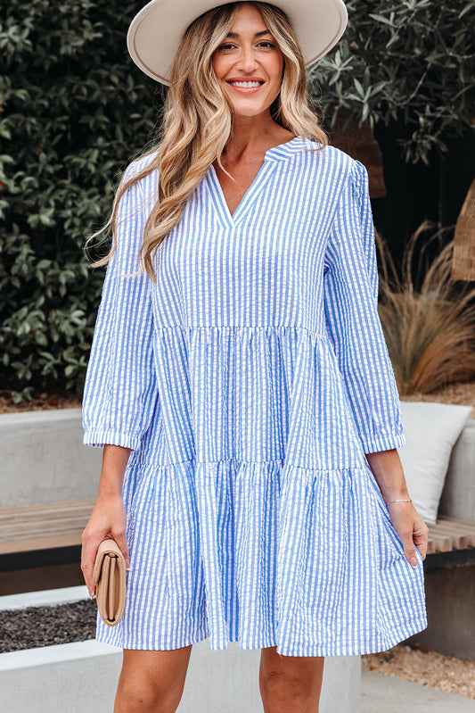 Kaia Stripe Bracelet Sleeve Tiered Dress with Pockets - Threaded Pear
