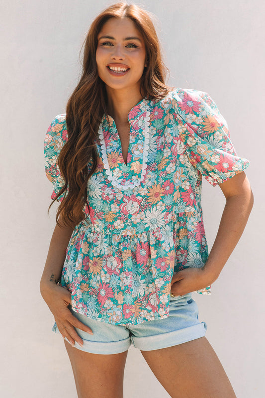 Amaris Notched Neck Puff Short Sleeve Floral Blouse - Threaded Pear