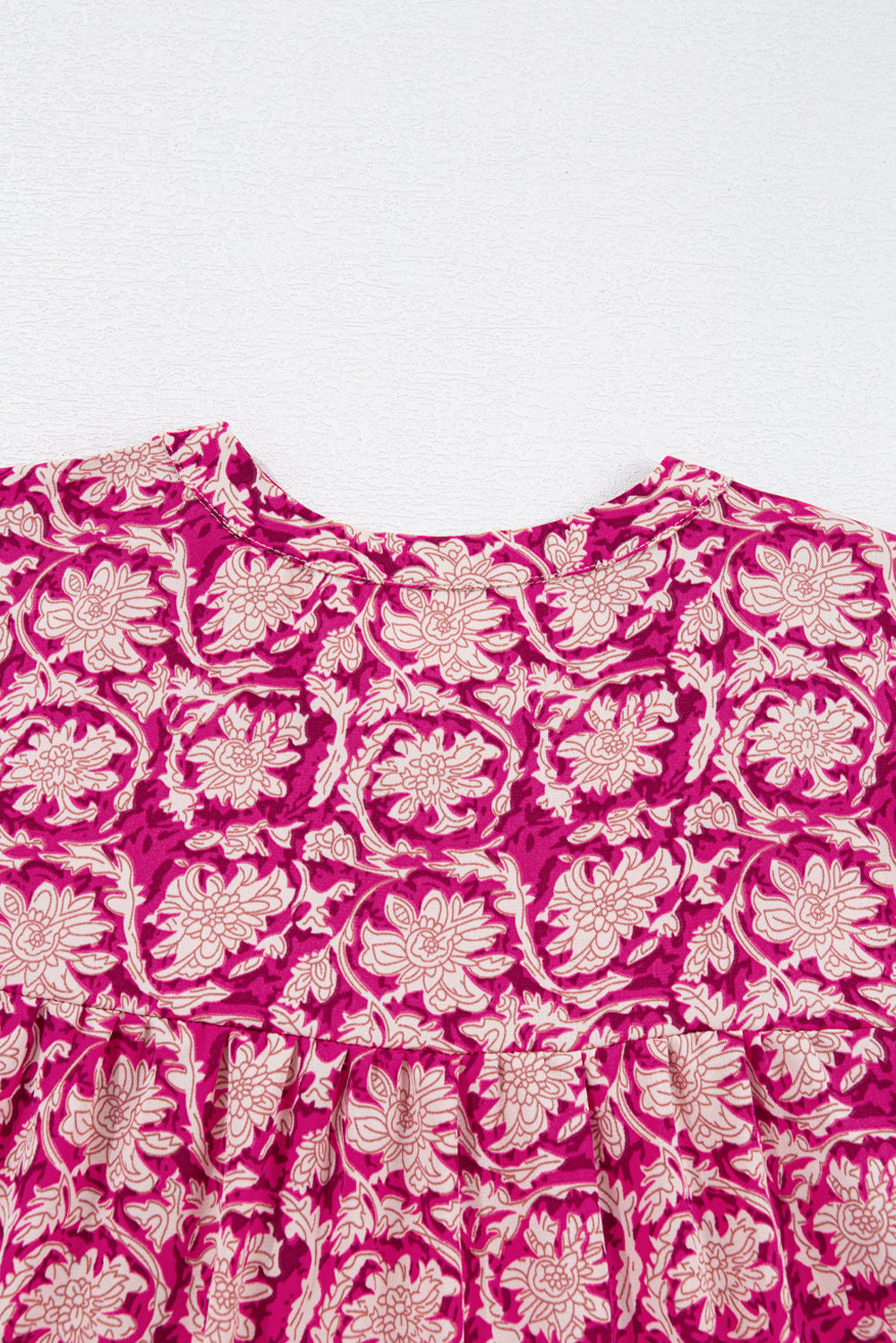 Pink Floral Print Split Neck Pleated Puff Sleeve Blouse