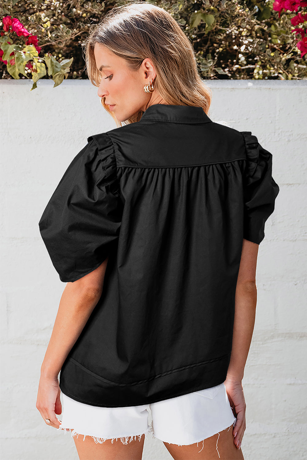 Elena Puff Sleeve Loose Shirt - Threaded Pear