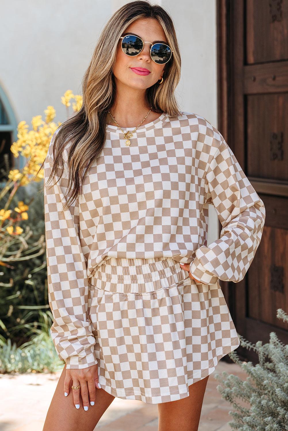 Emily Checkered Long Sleeve High Waist Skort 2pcs Set - Threaded Pear