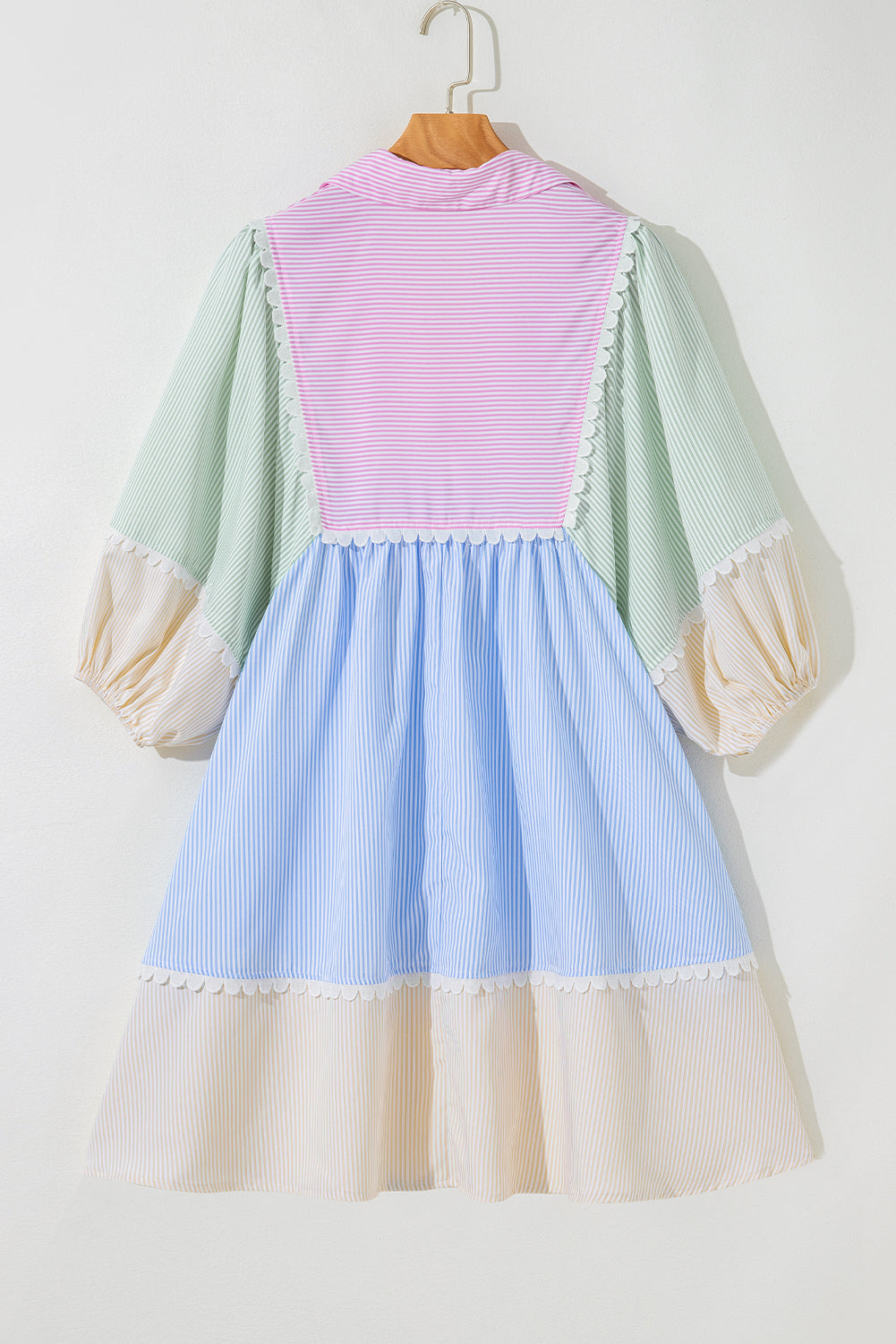 Joelle Striped Ric Rac Puff Sleeve Collared Mini Dress - Threaded Pear