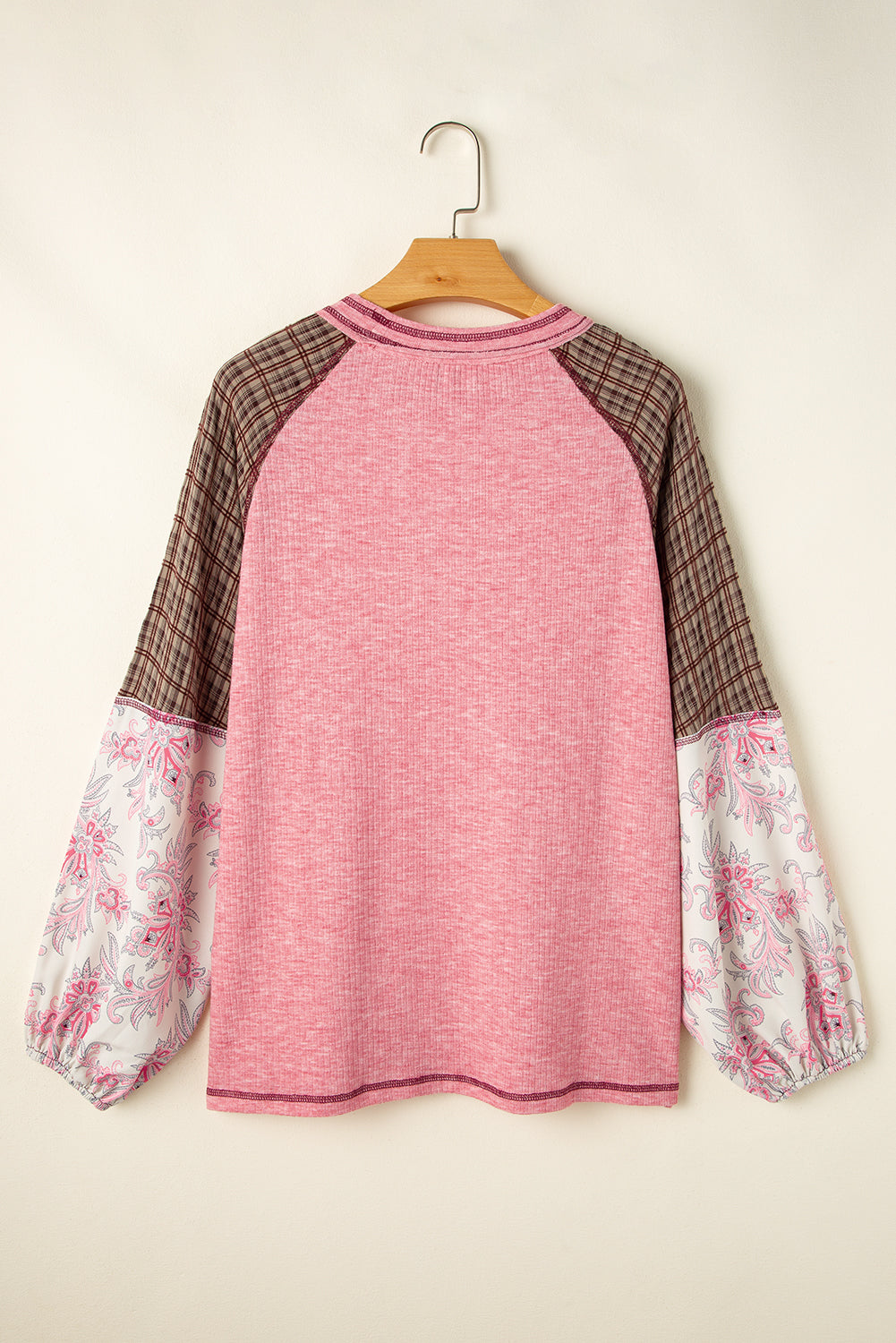 Elena Raglan Sleeve Ribbed Knit Patchwork Blouse - Threaded Pear