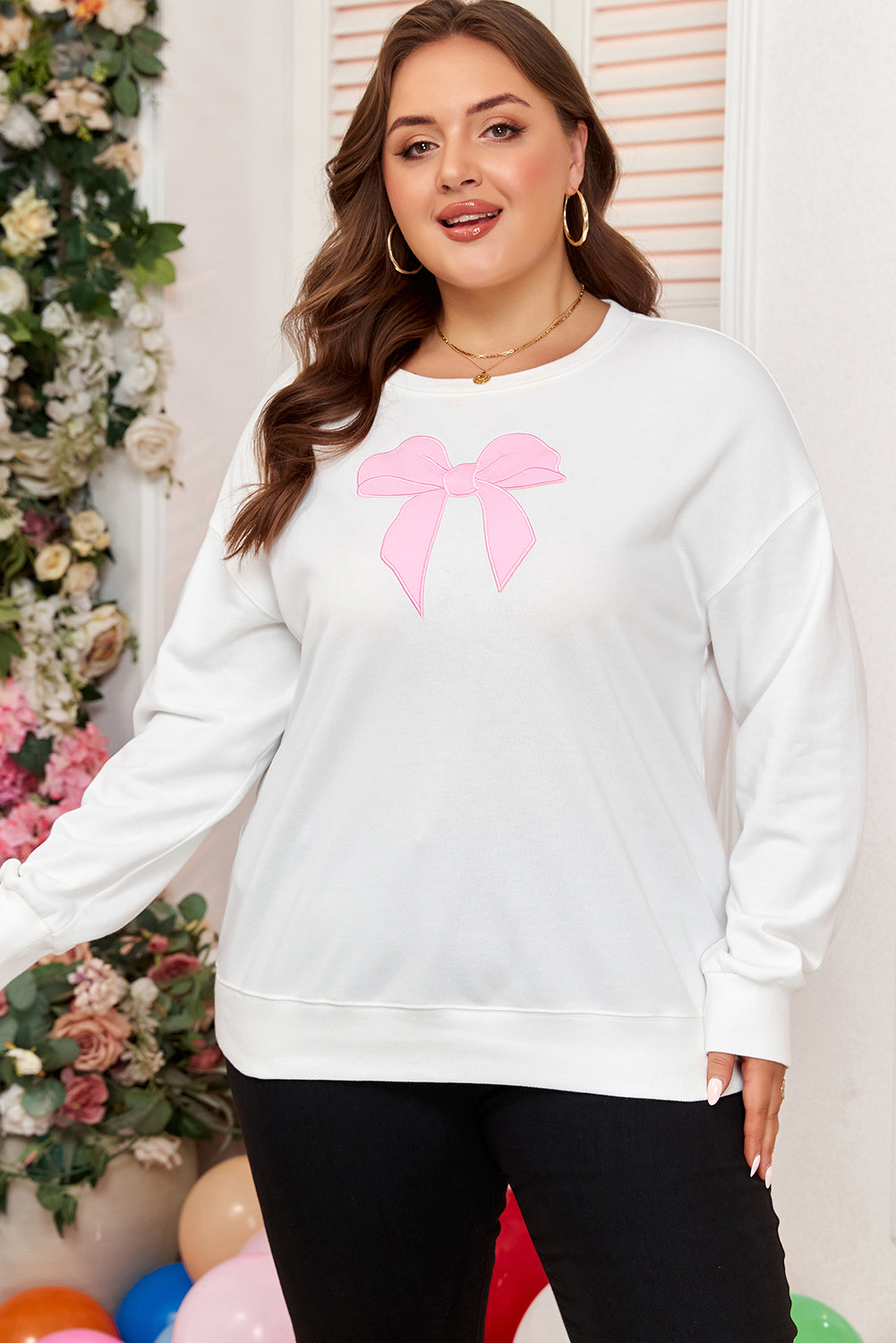 Beige Big Bow Accent Plus Size Drop Shoulder Sweatshirt - Threaded Pear
