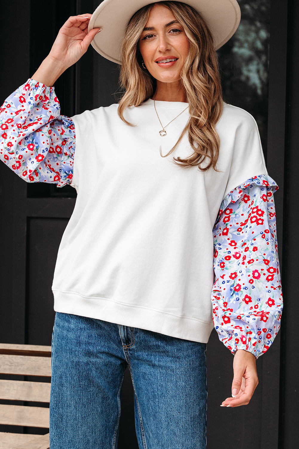 Isabel Floral Ruffled Balloon Sleeve Loose Blouse - Threaded Pear