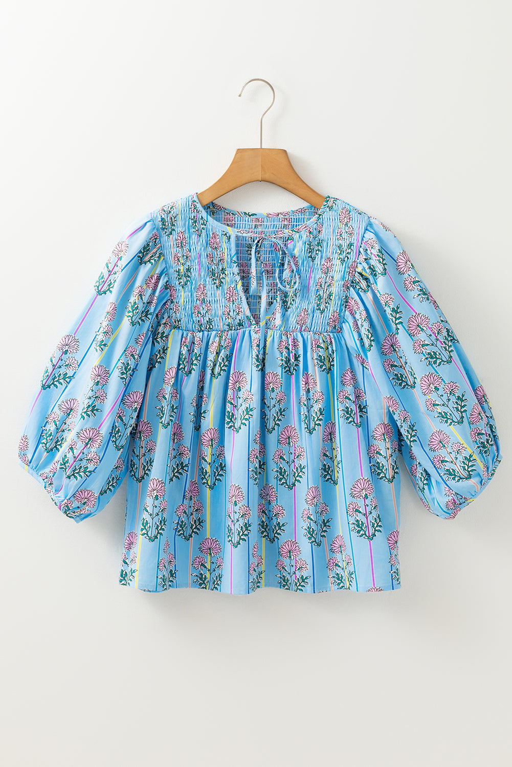 Kinley Floral Shirred Yoke Split Neck Blouse - Threaded Pear