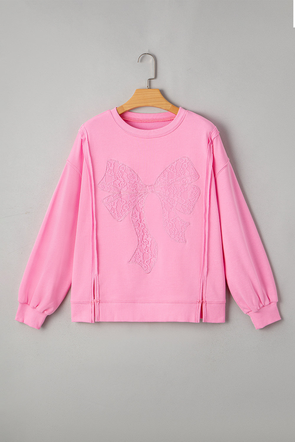Brianna Lace Bow Embroidered Exposed Seam Sweatshirt - Threaded Pear