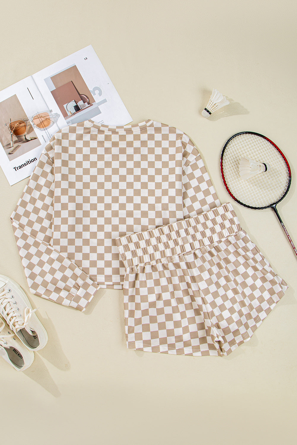 Emily Checkered Long Sleeve High Waist Skort 2pcs Set - Threaded Pear