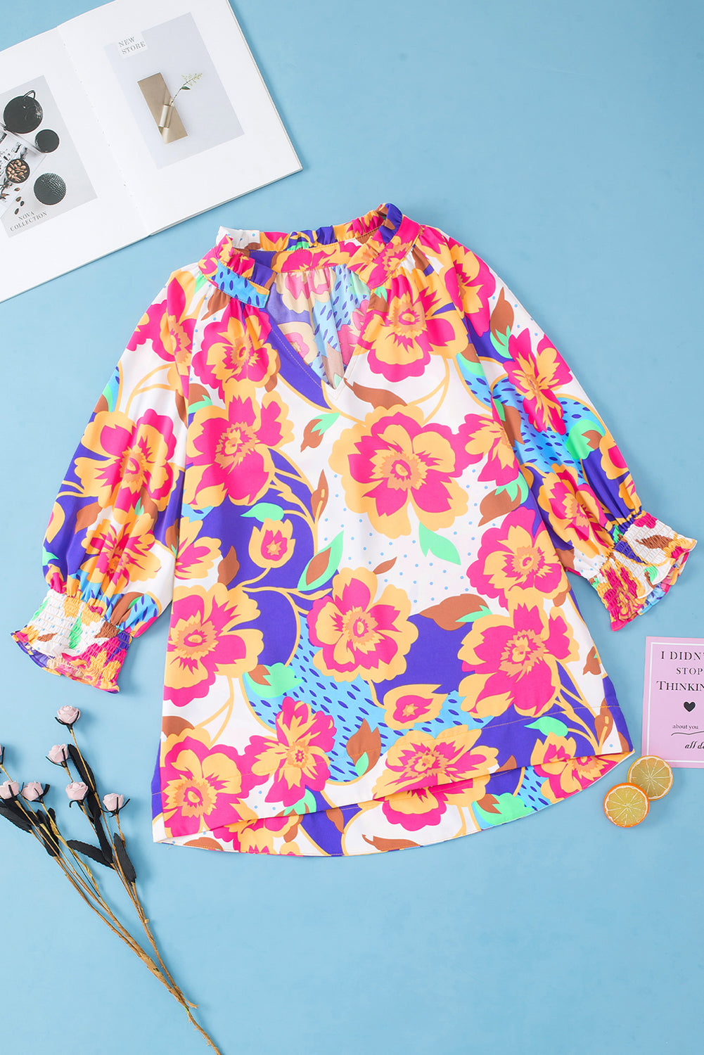 Emerie Floral Split Neck Blouse - Threaded Pear