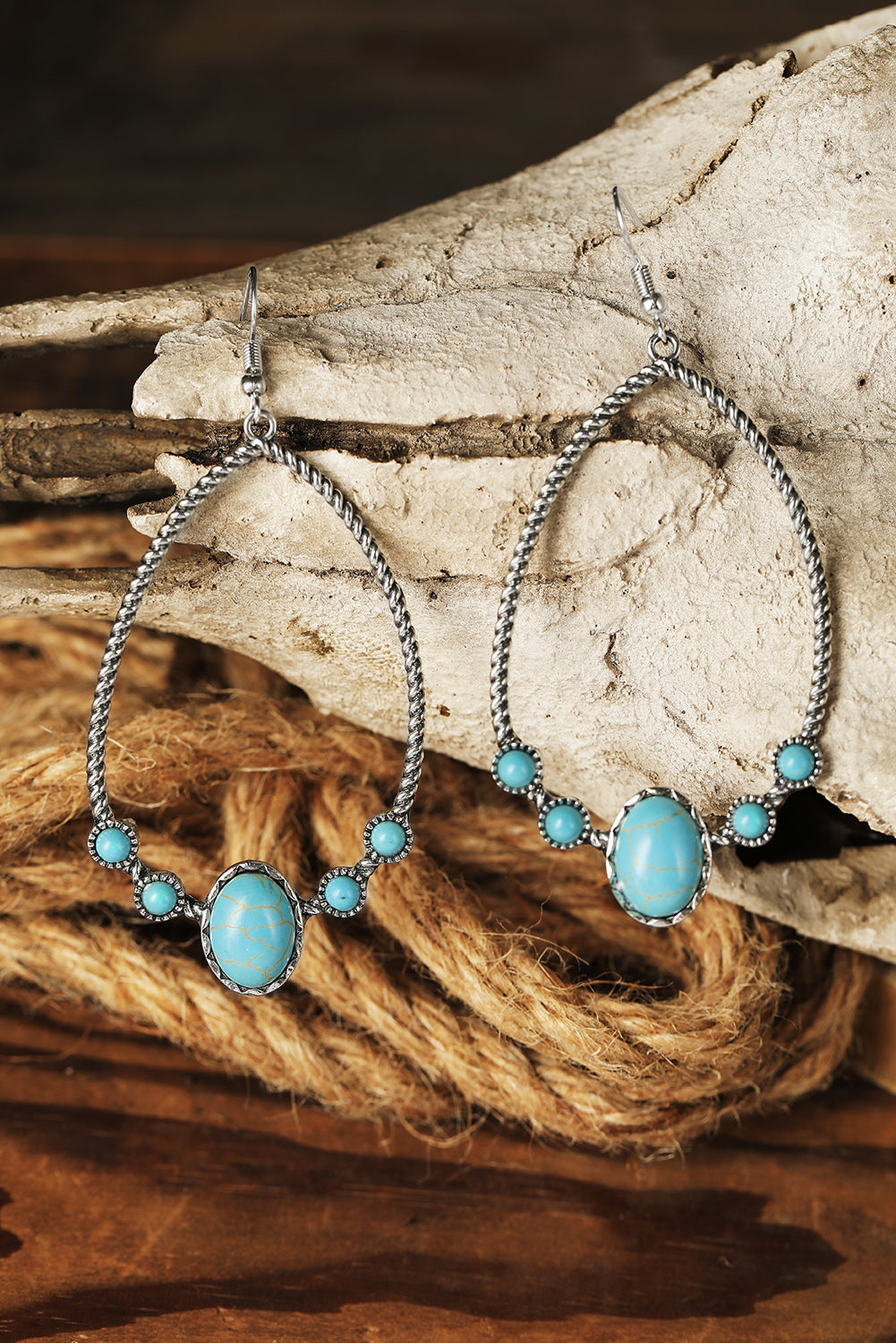 Silver Western Turquoise Water Drop Hook Earrings - Threaded Pear