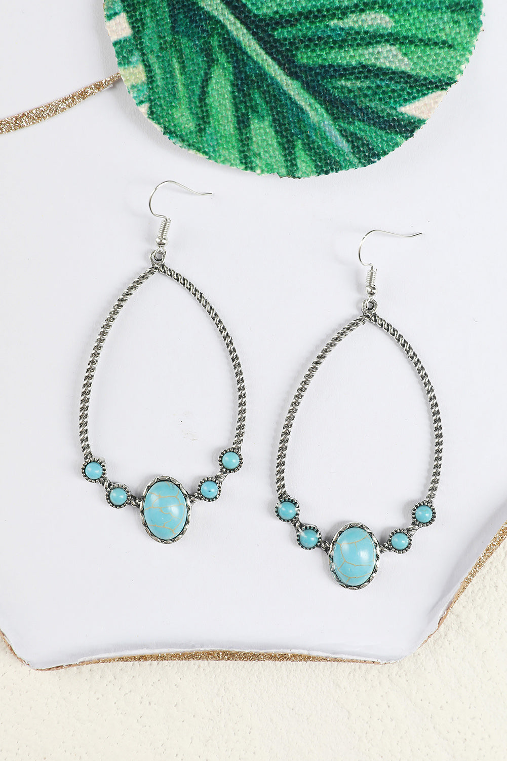 Silver Western Turquoise Water Drop Hook Earrings - Threaded Pear
