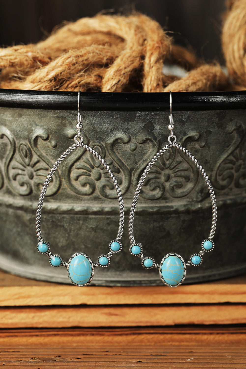 Silver Western Turquoise Water Drop Hook Earrings - Threaded Pear