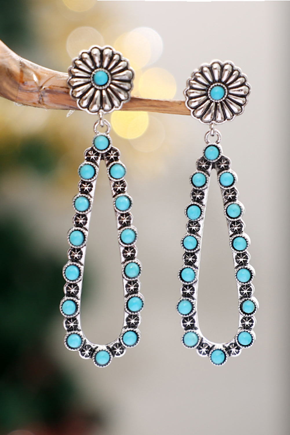 Silver Flower Turquoise Western Fashion Earrings - Threaded Pear