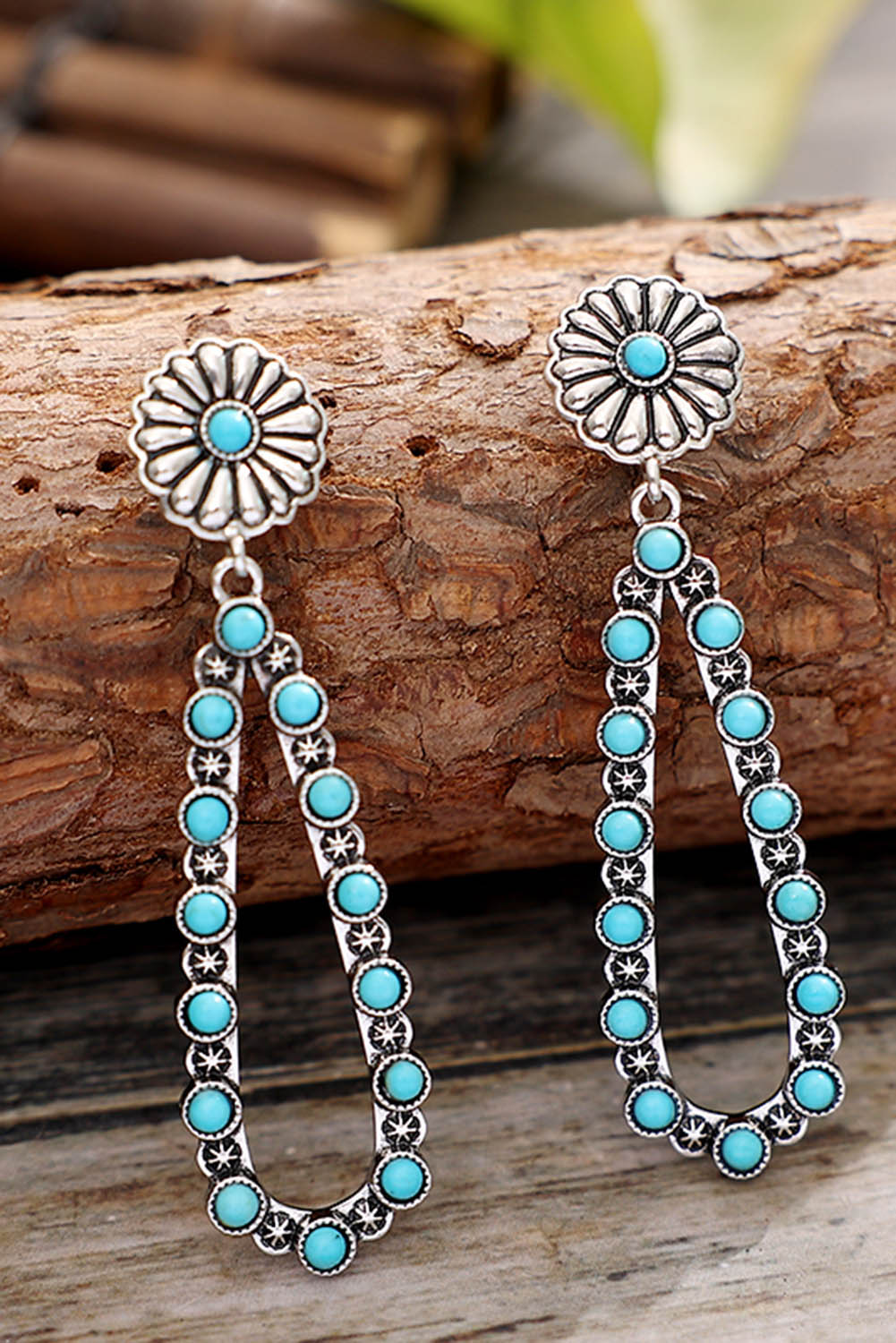 Silver Flower Turquoise Western Fashion Earrings - Threaded Pear
