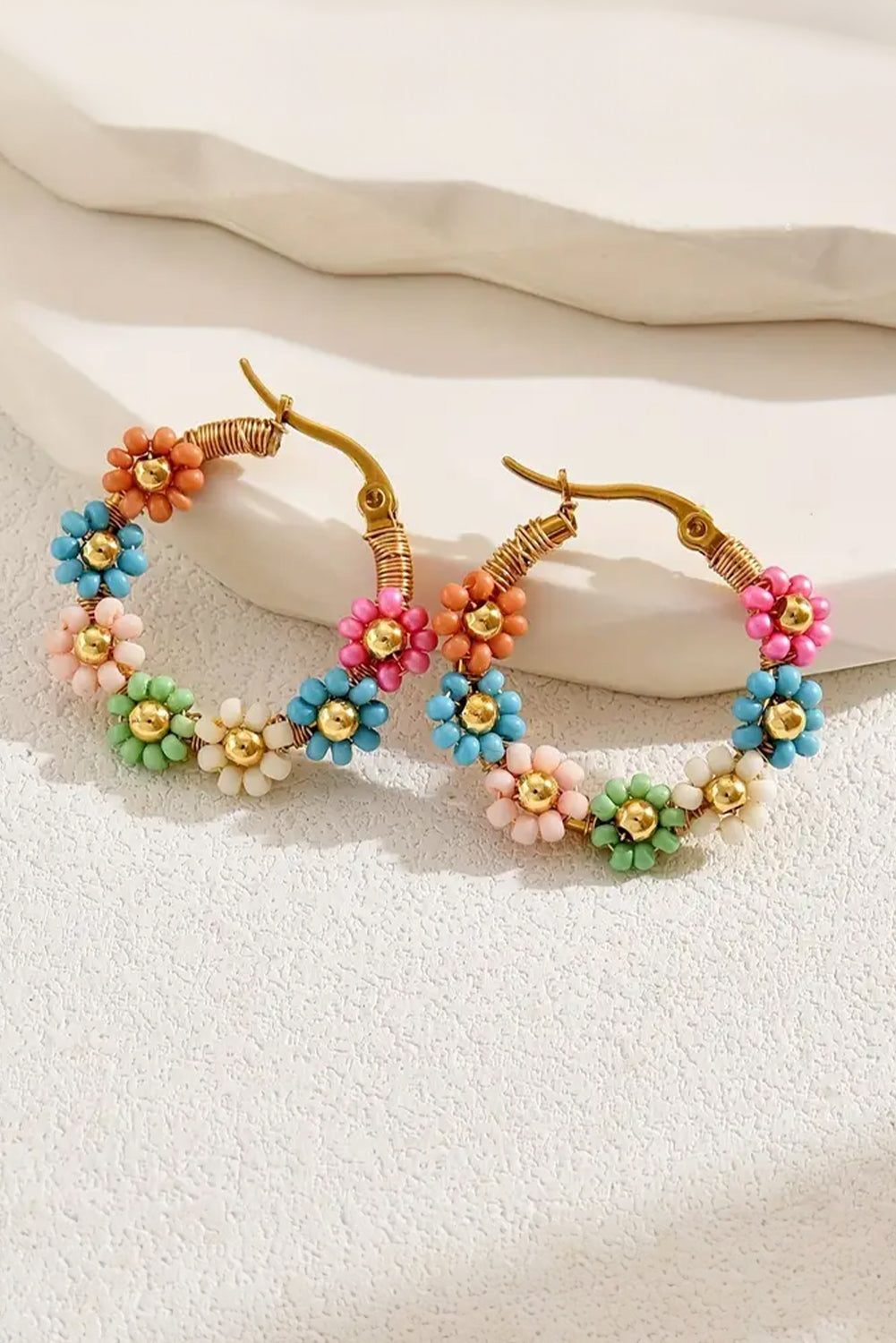 Pink Colorful Flower Hoop Earrings - Threaded Pear