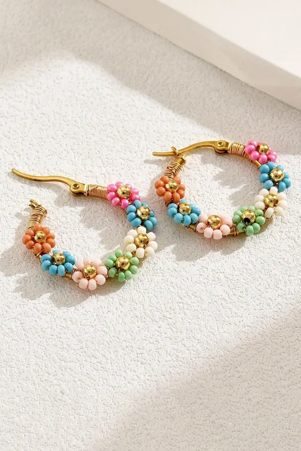Pink Colorful Flower Hoop Earrings - Threaded Pear