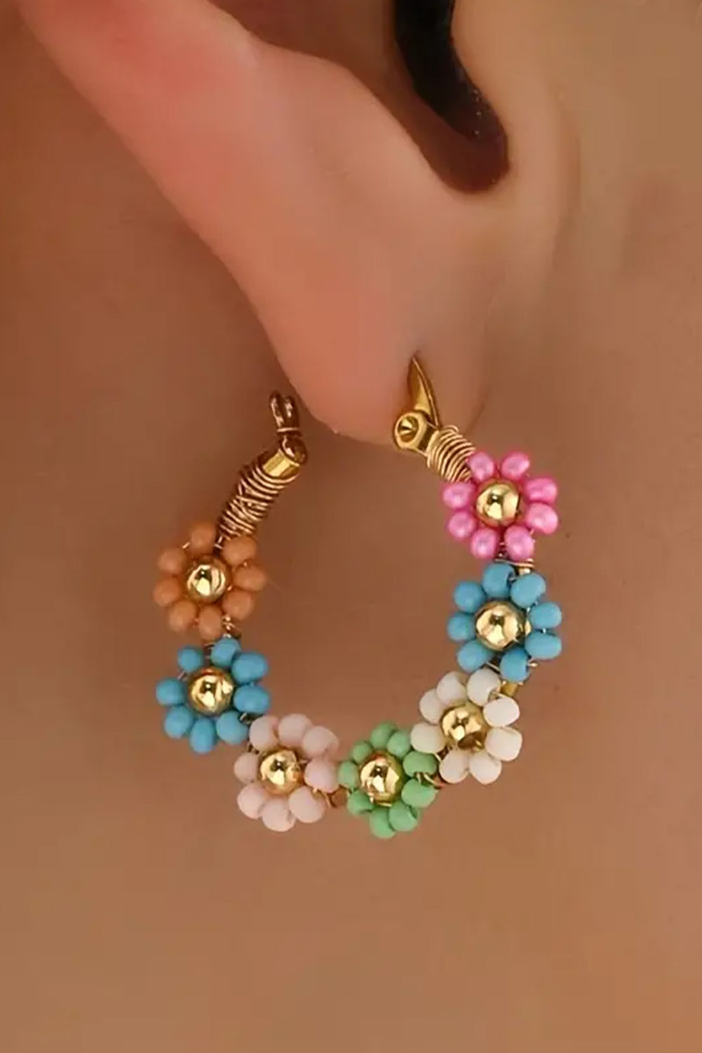 Pink Colorful Flower Hoop Earrings - Threaded Pear