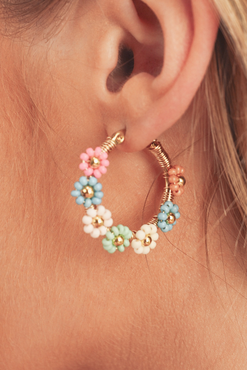 Pink Colorful Flower Hoop Earrings - Threaded Pear