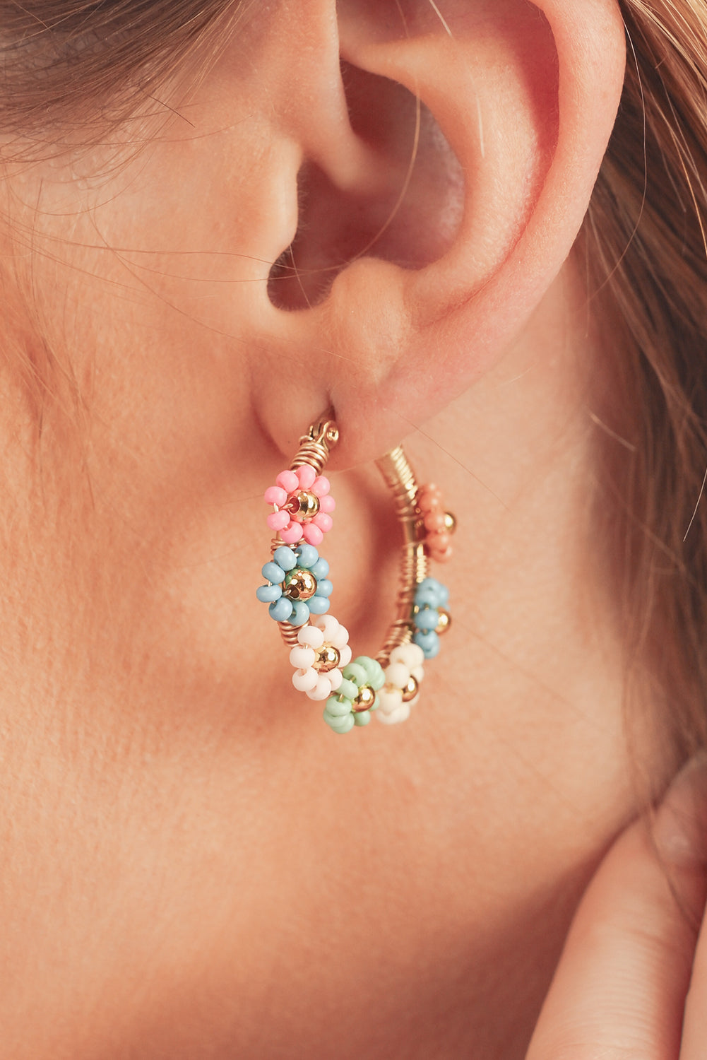 Pink Colorful Flower Hoop Earrings - Threaded Pear