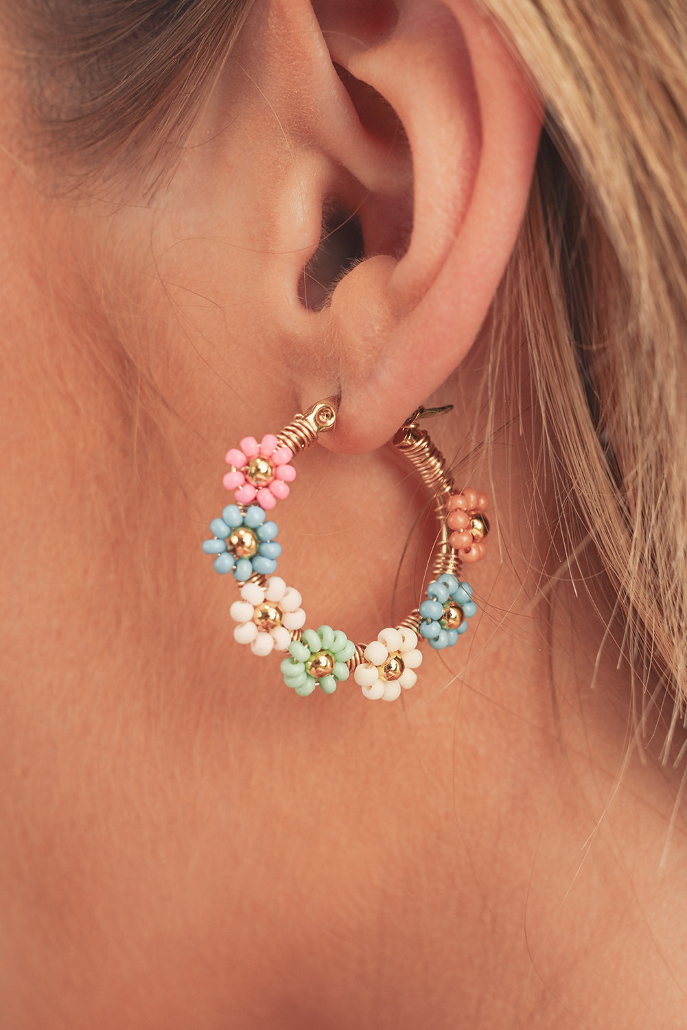 Pink Colorful Flower Hoop Earrings - Threaded Pear