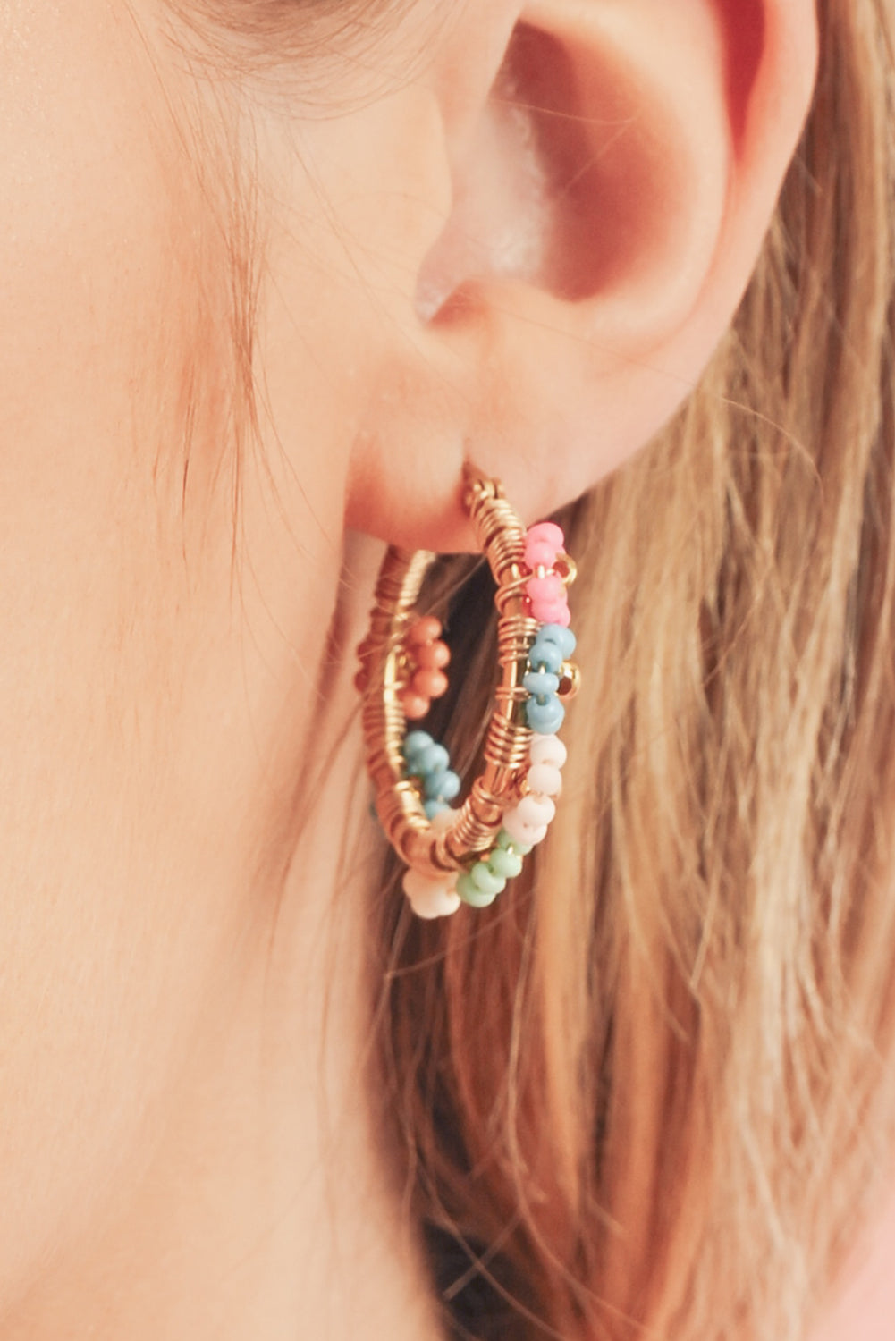 Pink Colorful Flower Hoop Earrings - Threaded Pear